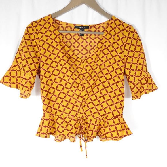 Forever 21 Geometric Print Cinch-Front Blouse with Flowy Sleeves Mustard Yellow - Picture 5 of 10